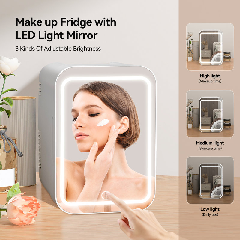Mini Fridge 4L Car Refrigerator With LED Mirror, 3 Light Countertop Mini Fridge with Freezer, White, With Mirror