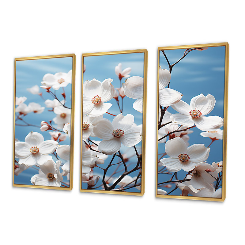 «Dreameal Dogwood», ensemble d'art mural sur toile, Cadre flottant doré, H 28 po x l 36 po x P 1 po