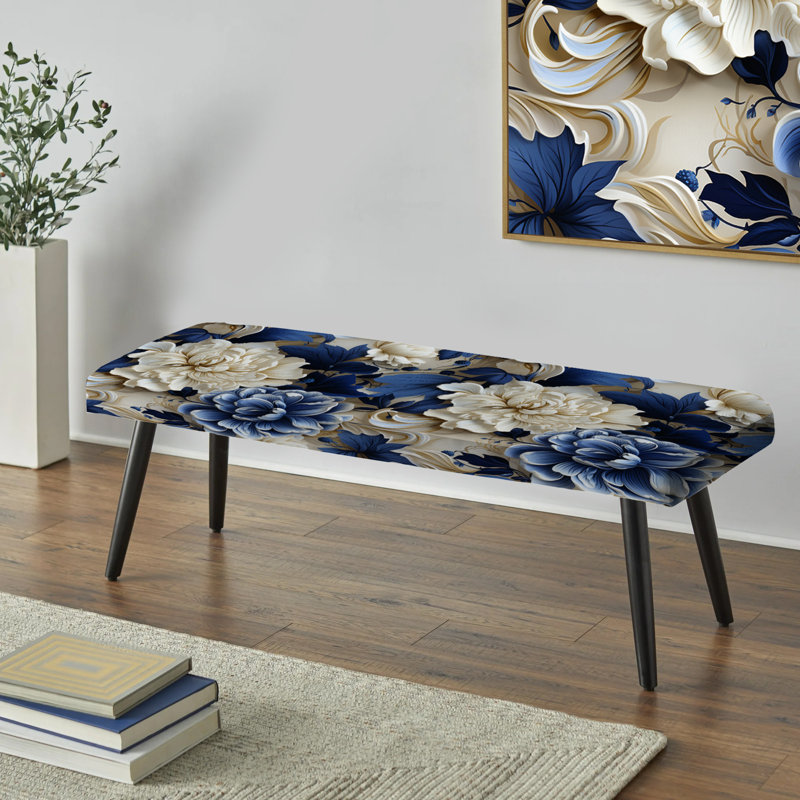 Cobalt Blue Foliage Victorian Pattern III - Floral Upholstered Black Bench