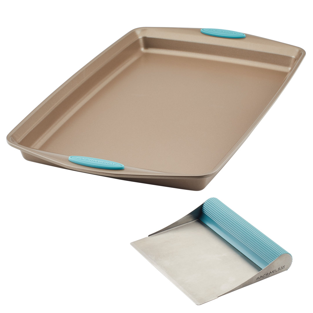 Rachael Ray Baking Sheet and Pastry Knife / Bench Scraper Set, 11-Inch x 17-Inch, Latte Brown with Agave Blue Handle Grips Rachael Ray