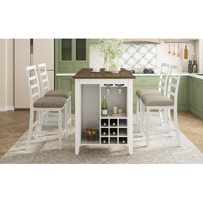 TREXM 5-Piece Multi-Functional Rubber Wood Counter Height Dining Set with Padded Chairs and Integrated 9 Bar Wine Compartment, Wineglass Holders for Dining Room