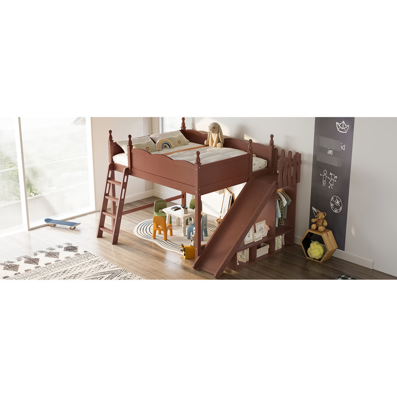 Grand lit mezzanine avec glissade et rangement amovibles, garde-robe pour articles, structure en bois massif, tablettes de rangement multifonctionnelles, glissoire, garde-robe, coffre-fort, option de jeu