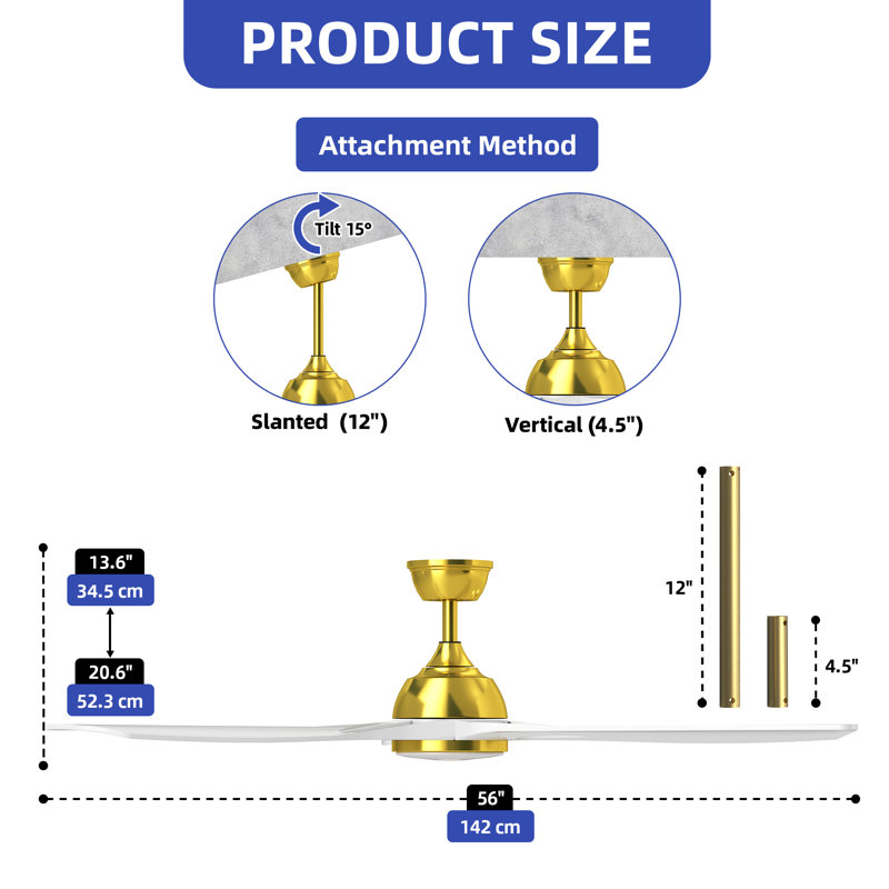 56-Inch Ceiling Fan with LED Light, App & Remote Control, Reversible DC Motor, Gold, White