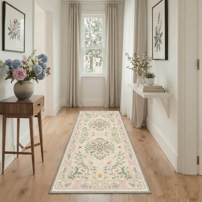 Vintage Botanical Floral Machine Washable Green Runner Rug, Blush Ivory Non-Slip Hallway Runner for Entryway Kitchen