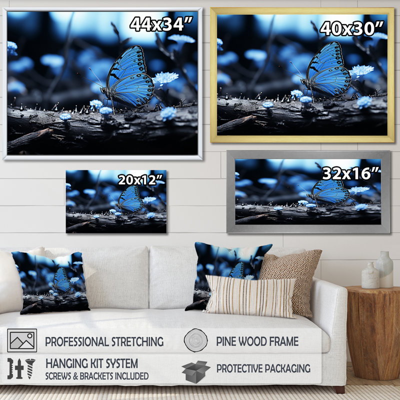 Forêt de papillons bleu forêt - impression, H 30 po x l 40 po x P 1,5 po, Toile tendue