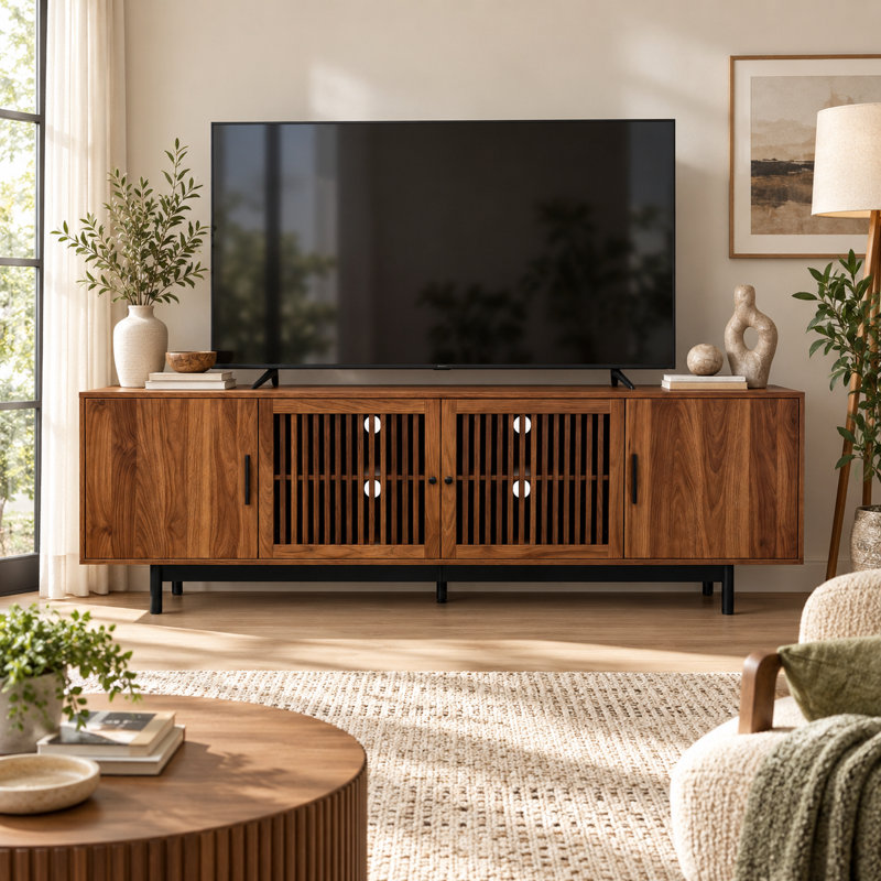 Meuble TV Panora de 78 pouces pour téléviseurs de 85 pouces, console multimédia avec portes à lattes et gestion des câbles