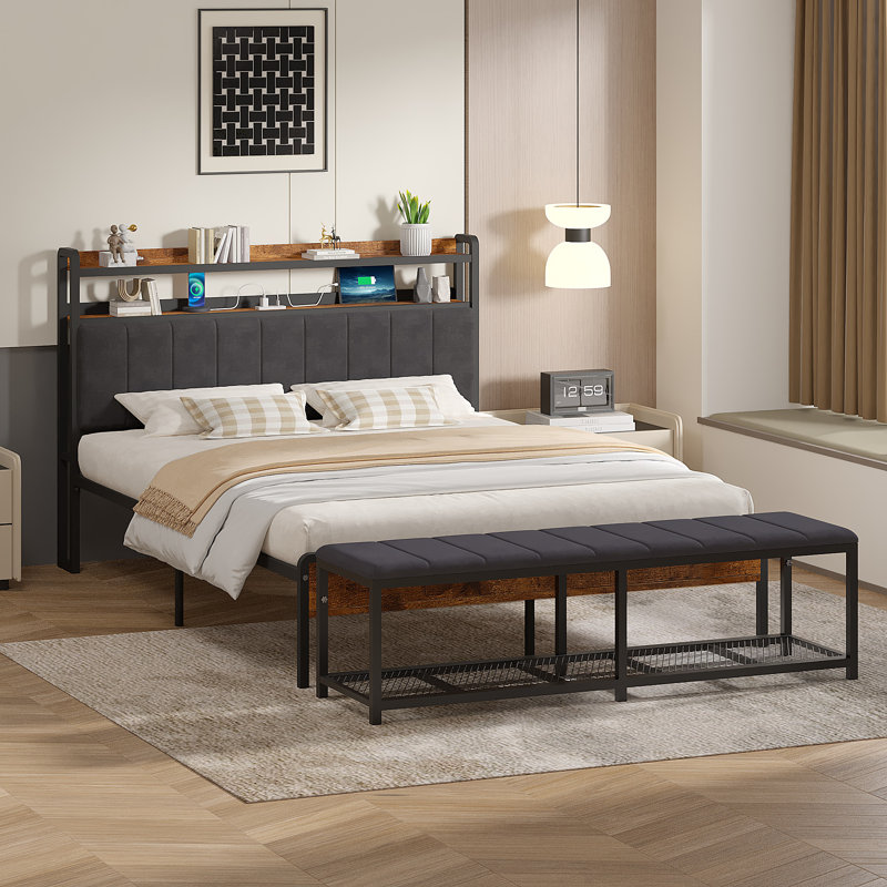 2 Piece Bedroom Set, Heavy Duty Bed Frame With LED And Charging Station And  Storage Ottoman Set, No Box Spring Needed, Queen