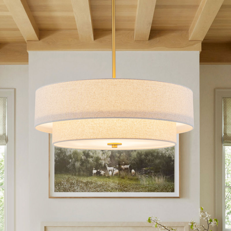 4 - Light Tiered Linen Fabric Round Drum Pendant Light