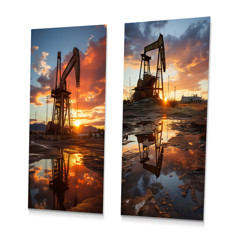 Coucher de soleil sur une plateforme de forage Horizon - ensemble de 2 décorations murales en métal, H 28 po x l 24 po