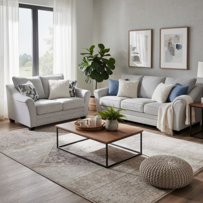 Kito 2Pc Living Room Sofa Set, Modern Sloped Arms, Light Gray Boucle