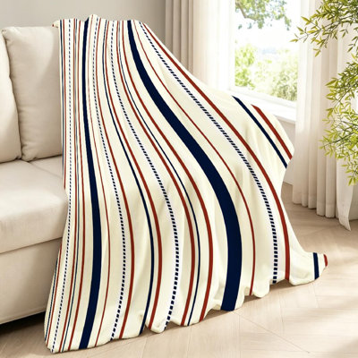 Jeté en molleton beige flanelle ultra douce, rayures rétro avec imprimé rouge et simple face