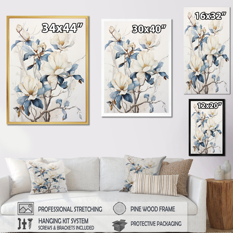 «Magnolias III» peinte en bleu et blanc sur toile, Cadre doré simple, H 32 po x l 16 po x P 1 po