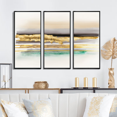 Golden Morning Glory V - ensemble d'art mural abstrait à l'encre liquide