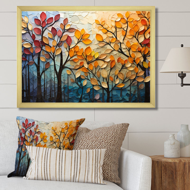 Leaves Autumnal Symphony Patchwork I - Décoration murale feuilles, H 16 po x l 32 po x P 1 po, Cadre photo unique, Doré
