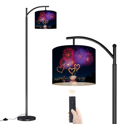 Arc Floor Lamp Colorful Fireworks Display Heart Shapes City Skyline Night Floor Lamps with Remote LED Lights Adjustable Lamp Shades Tall Standing Lamps for Reading Office Living Room