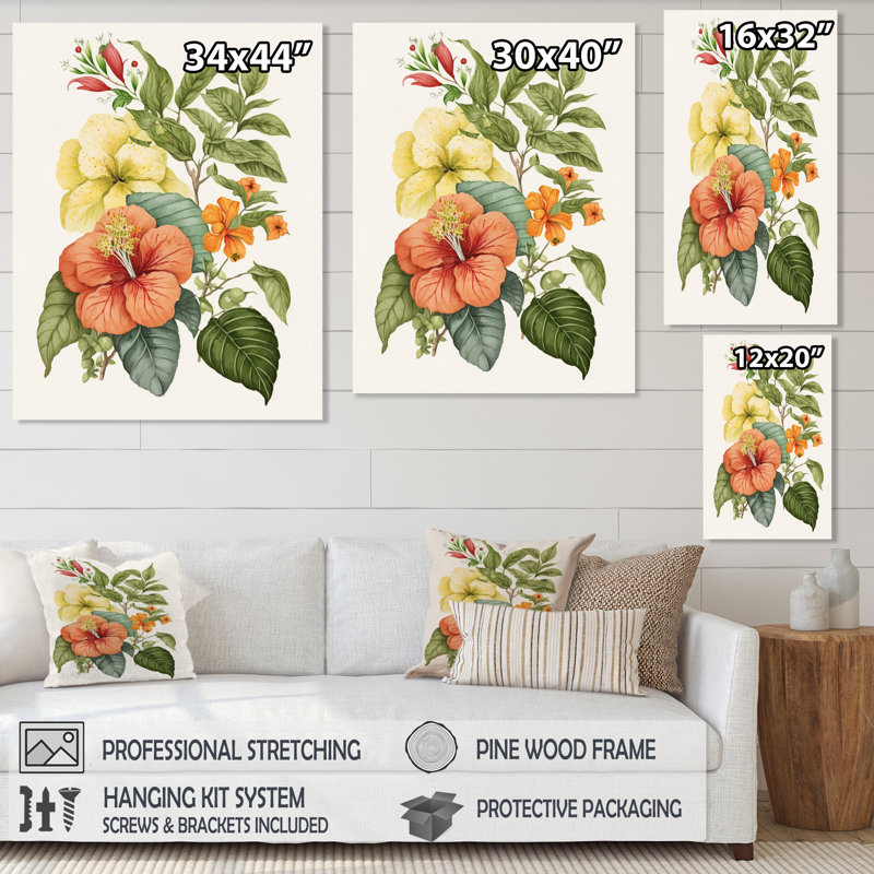 «Blossiming Yellow Retro Hibiscus VI», art floral sur toile, H 20 po x l 12 po x P 1 po, Toile tendue