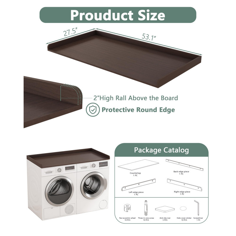Washer Dryer Countertop,Laundry Countertop With Edge Rails,27.5" Depth X 54" Wood Countertop For Washer And Dryer,Laundry Machine Topper (Walnut)