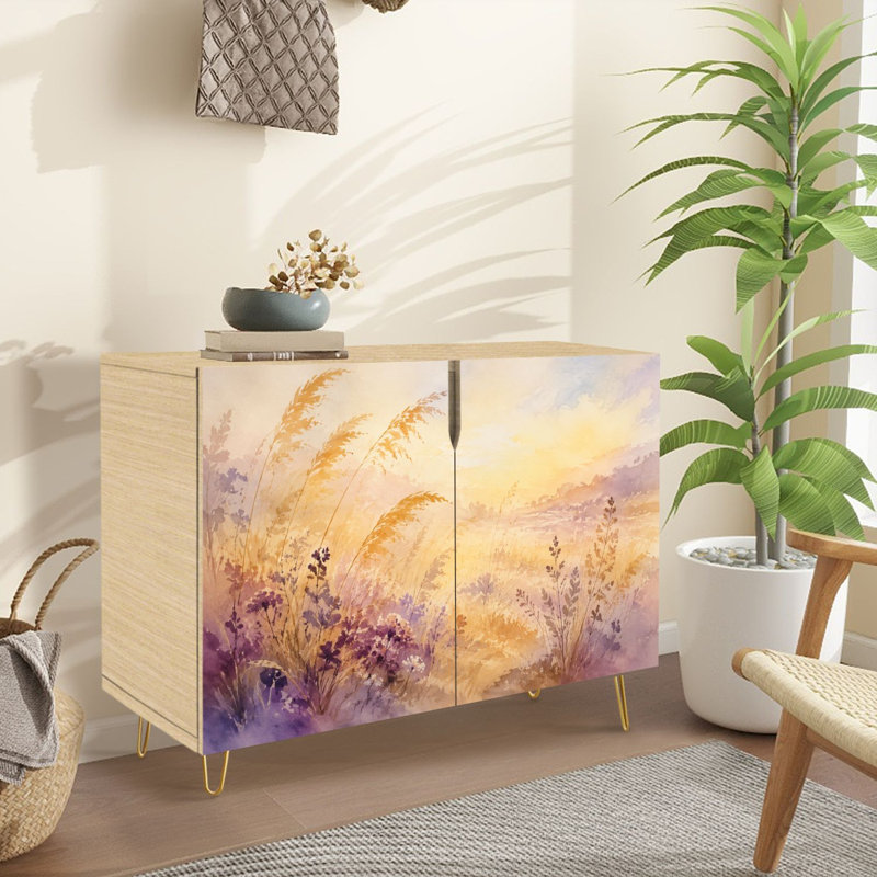 Buffet Buffet avec rangement Golden Meadow Landscape Wild Grass Fleurs mauves à l'aquarelle douce avec 2 portes pour le salon et la cuisine