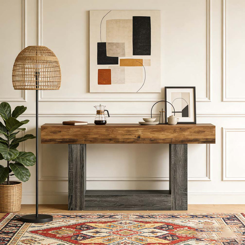 Wooden Farmhouse 2-Tier Sofa Entryway Table, Vintage Brown & Gray