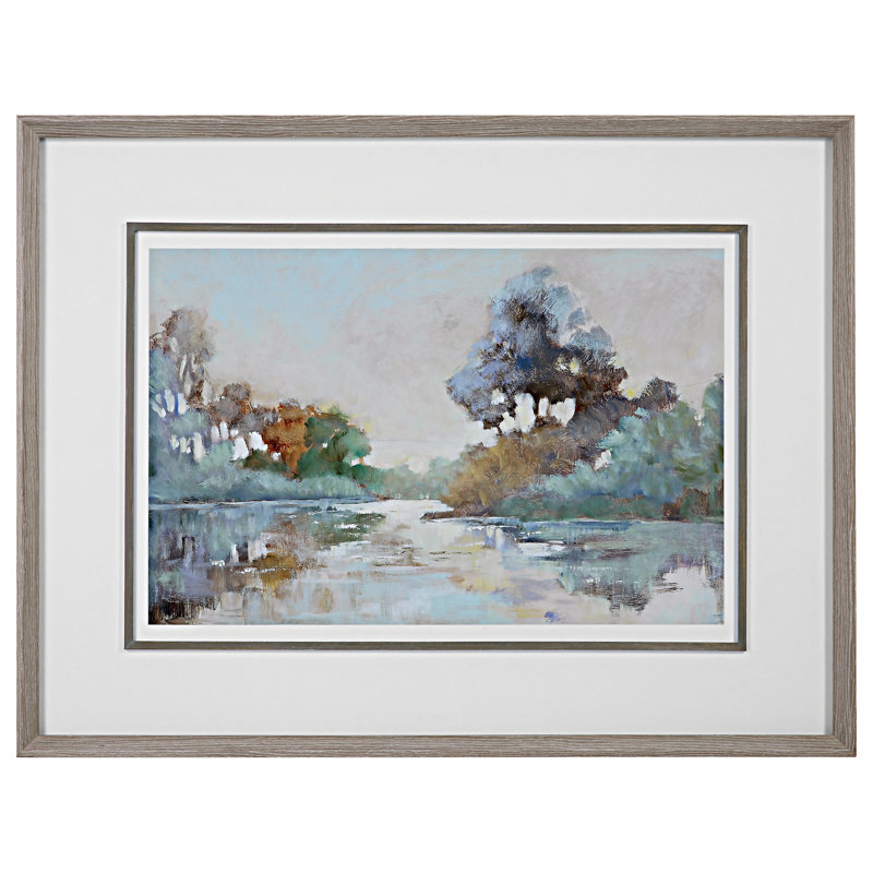 Morning Lake Blue Green Pink Watercolor Landscape Print