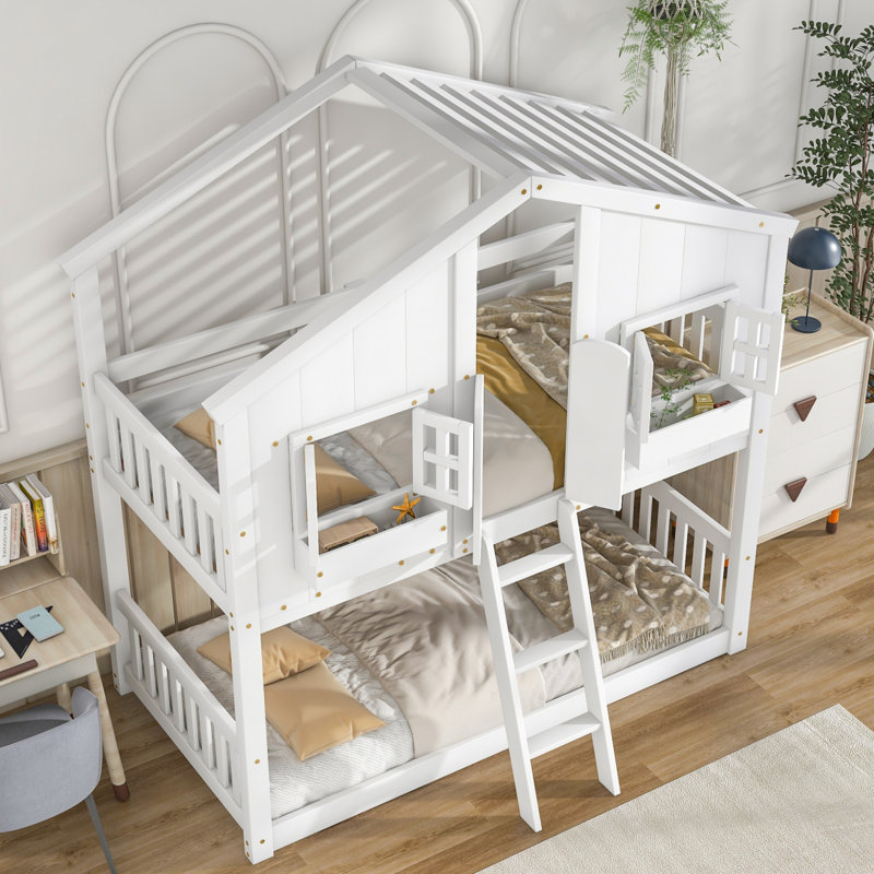 Lit superposé simple au dessus d'un lit simple avec toit, fenêtre et garde-corps