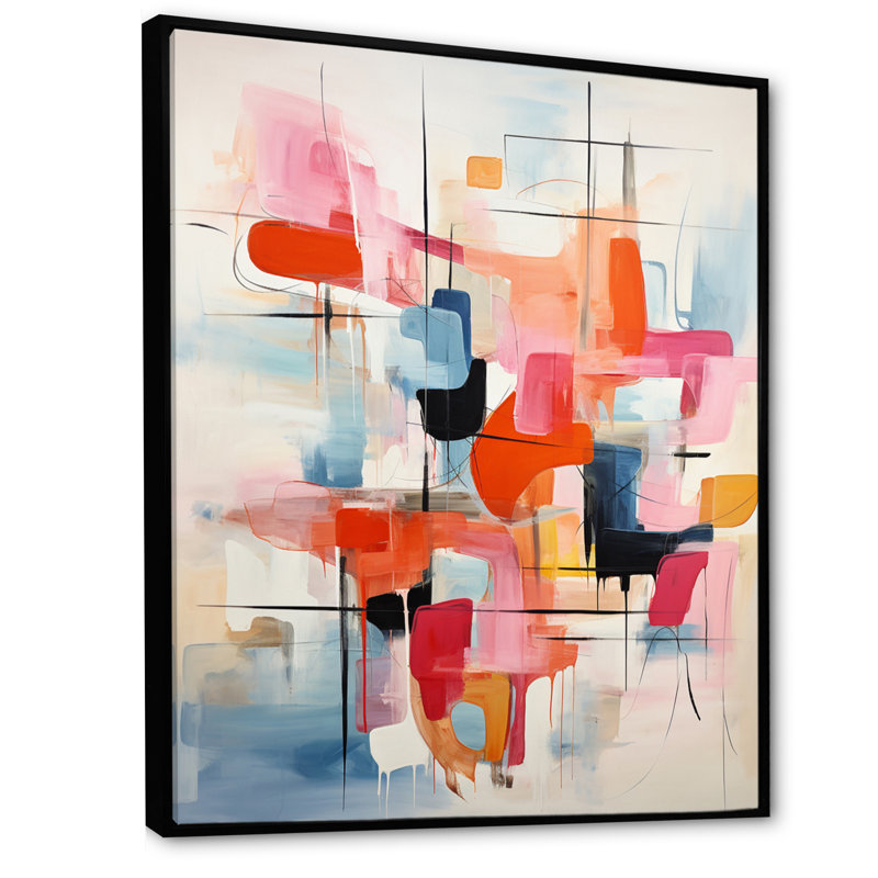 Reproduction sur toile rose beige Mid Century Atomic Abstraction III, Cadre flottant noir, H 32 po x l 24 po x P 1 po