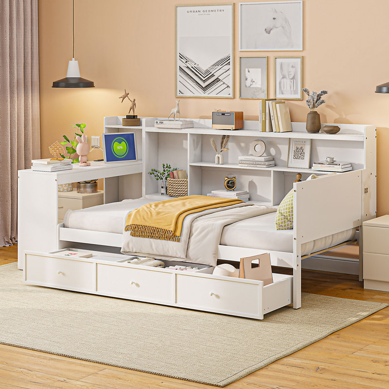 Lit de jour en bois avec 3 tiroirs, ports USB et bureau Nythor, Lit simple, Blanc
