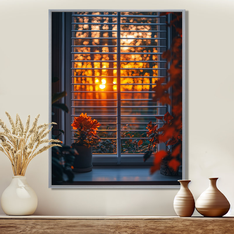 Window In The Forrest Sunrest - Art mural de fenêtre pour le salon, H 32 po x l 24 po, Impression encadrée flottante