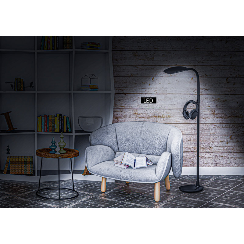 Adjustable Black Arc LED Floor Lamp with Magnifier