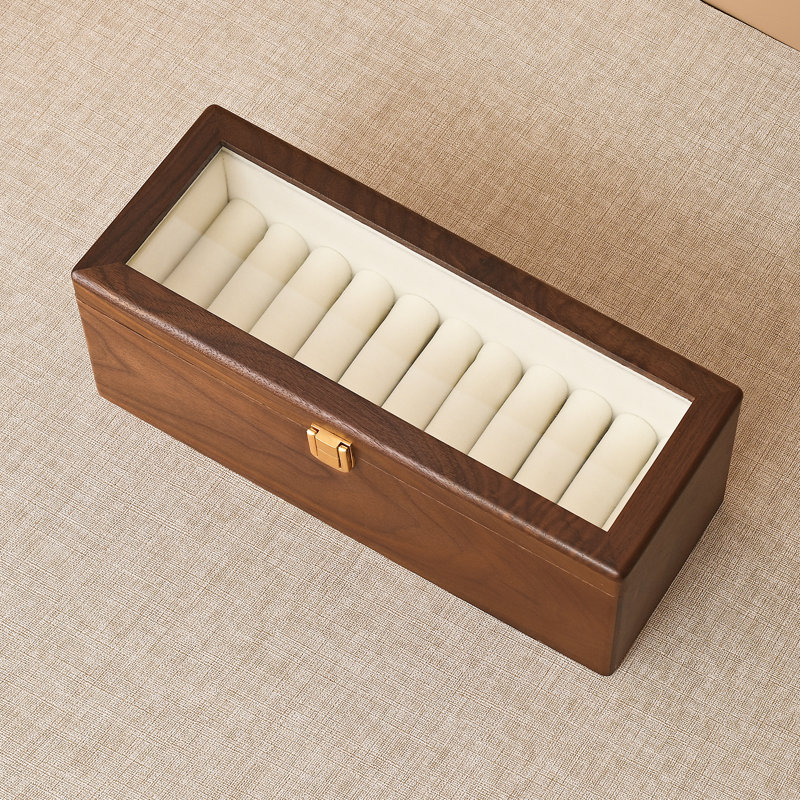 Black Walnut Wooden Jewelry Box, 10 Slots Glass Lid Organizer for Bracelets Bangle Display Storage.