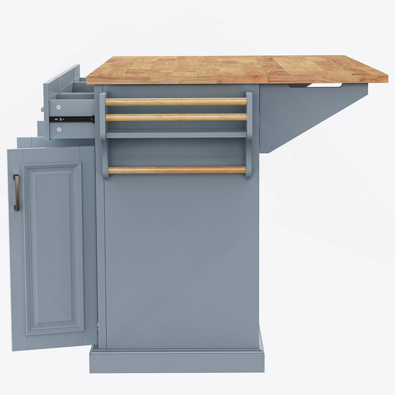 54-inch Large Kitchen Island with Rubber Wood Drop Leaf, Embossed Texture, and Ample Storage on 4 Wheels, Ideal for Modern and Farmhouse Kitchens