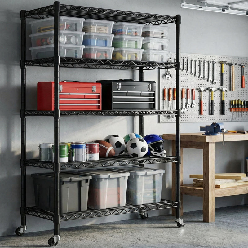 Étagère robuste à hauteur réglable avec roulettes, pieds de nivellement, Noir, (5 tablettes) H 82 po x l 48 po x P 18 po