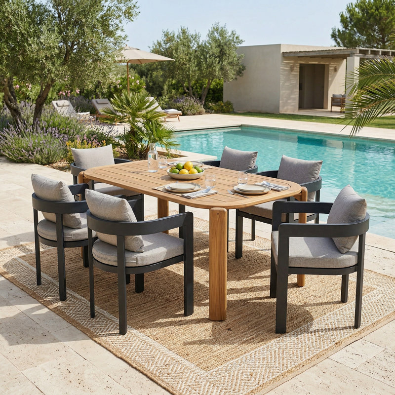Jerry Outdoor 7-Piece Aluminum Dining Set With Acacia Wood Table & Cushions