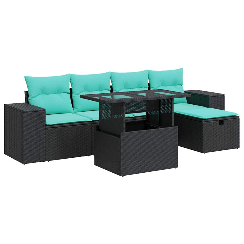  6 Piece Patio Sofa Set With Cushions Poly Rattan Acacia, Gray, Green