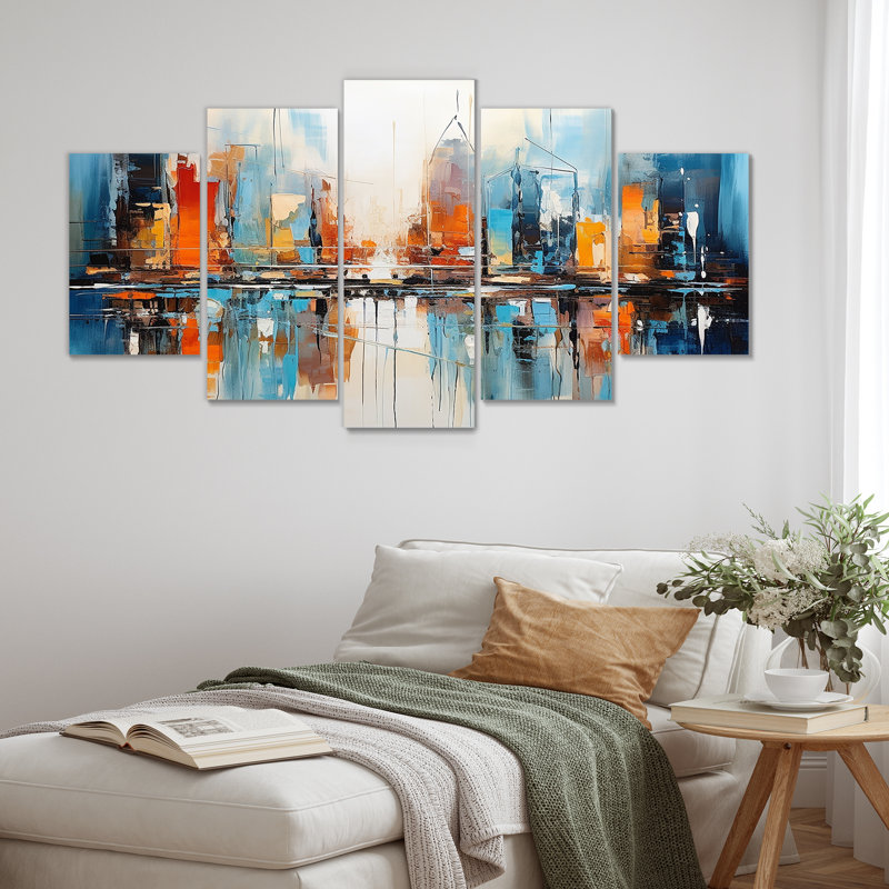 «Warm Sunset Over Manhattan - City Architecture», ensemble de 5 décorations murales, H 32 po x l 60 po
