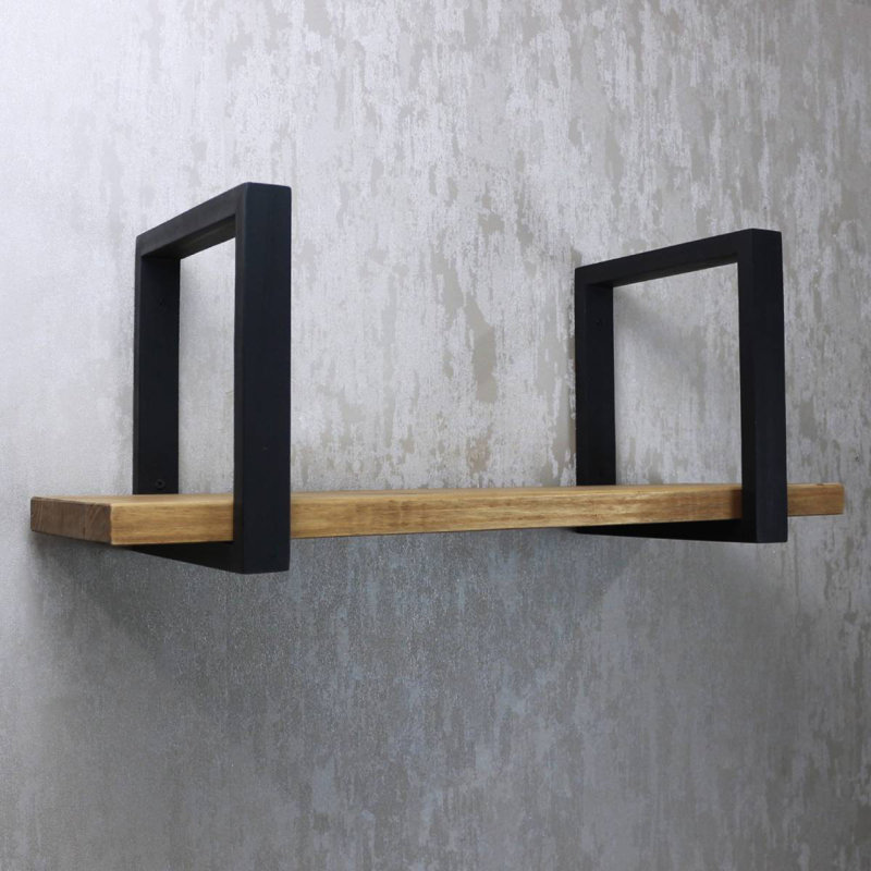 Antique Brown Pine Wood Wall Shelf with Black Metal Brackets
