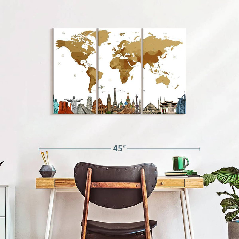 Carte du monde en bronze 3 pièces, H 24 po x l 38 po x P 1,25 po