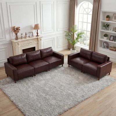 Luxury 2-Piece PU Faux Leather Sofa & Loveseat Set, Breathable Upholstered Couch For Living Room & Apartment