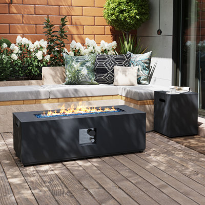 50,000 BTU 42 in. Outdoor Patio Propane Iron Fire Pit Table with Tank Cover, Lid, Glass Rocks