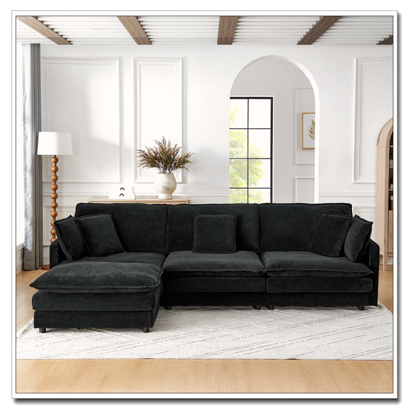 Canapé-lit modulaire en L avec repose-pieds, canapé convertible surdimensionné pour 4 personnes, Noir