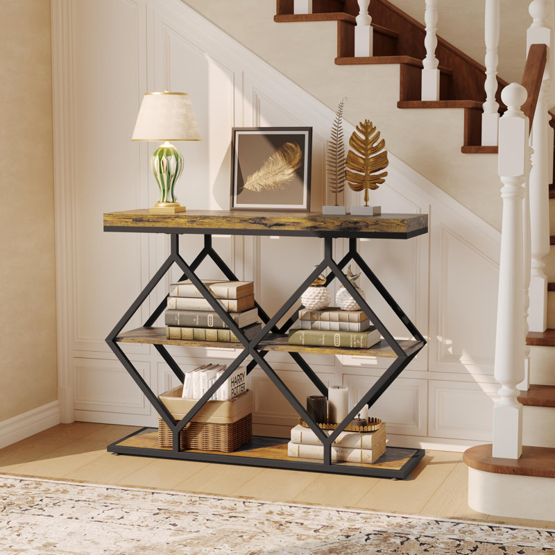 3-Tier Industrial Entryway Table with Storage, Console Sofa Table with Open Shelves, Diamond-Shaped Metal Frame, Brown