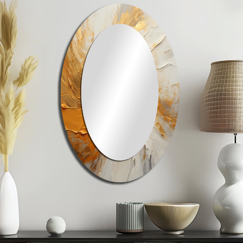 Gold And Beige Soft Wave Paint I - Large Oval Wall Mirror On Metal, 36" x 24"