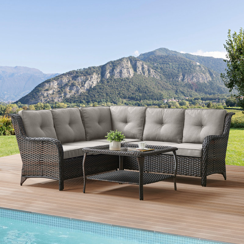 Tonry 88'' Wide Rectangle Wicker Patio Sofa with Cushions, Brown, Biege