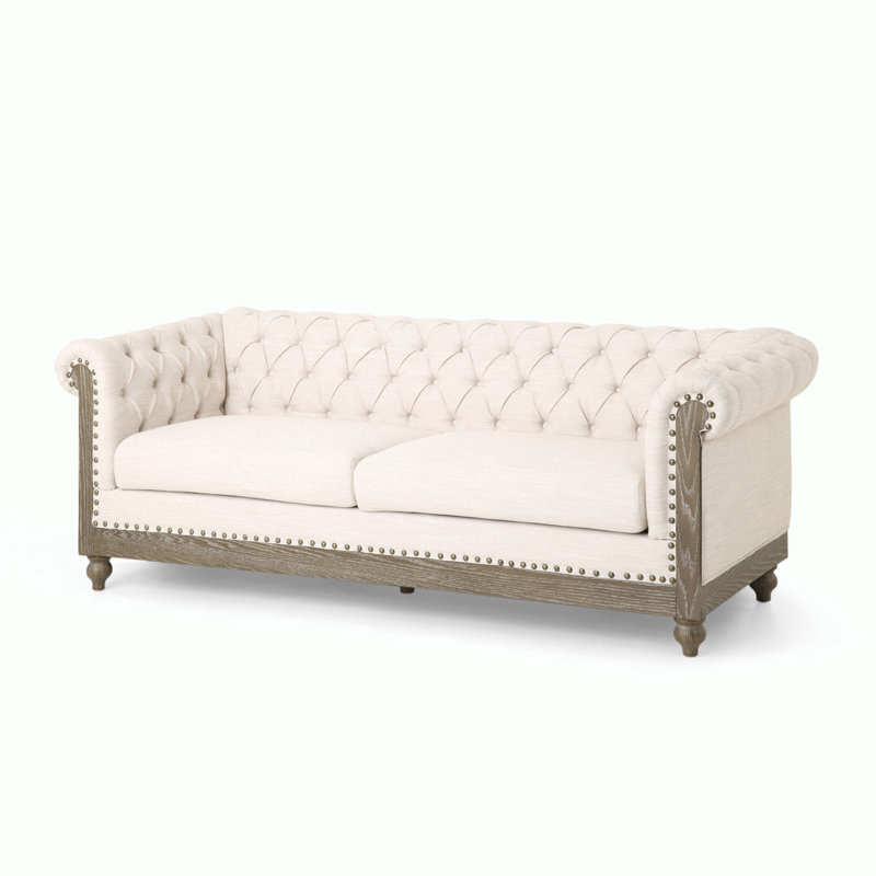 Anduin 78.75'' Rolled Arm Chesterfield Sofa, Upholstered Sofa, Beige Polyester, Dark Brown