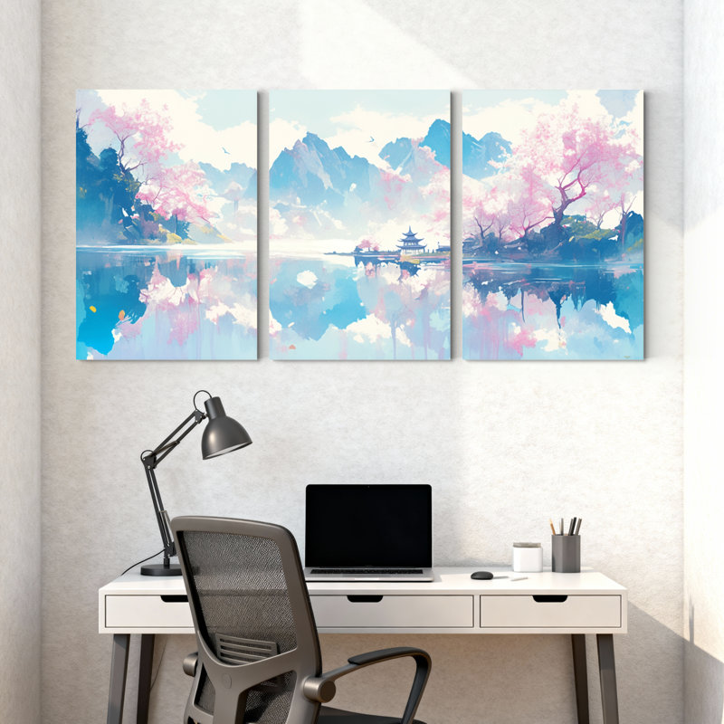 Paysage et nature, Cherry Blossom, lac, montagne, reflet, ciel, pagode, cascade, nuages, ensemble de 3 impressions sur toile
