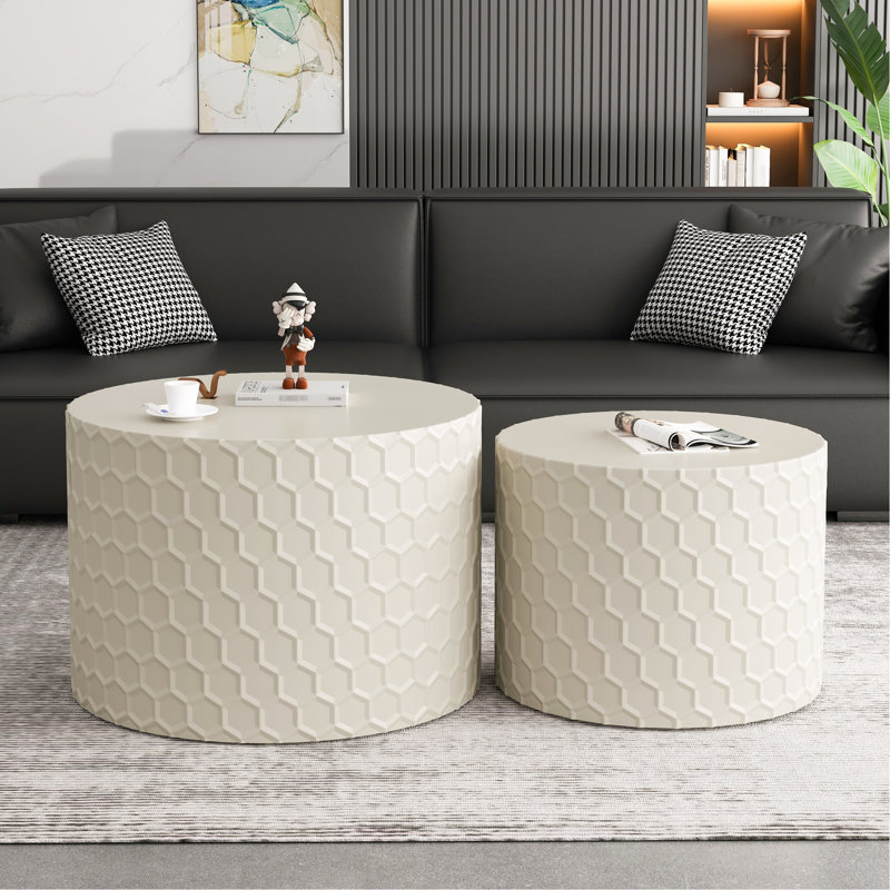 Table basse élégante et minimaliste, conception en nid d'abeille, ronde moderne pour le salon et la chambre à coucher, beige 2 pièces, capacité de 110 lb, facile à nettoyer, aucun assemblage requis avec un élément, une pièce ou des pièces d'espace