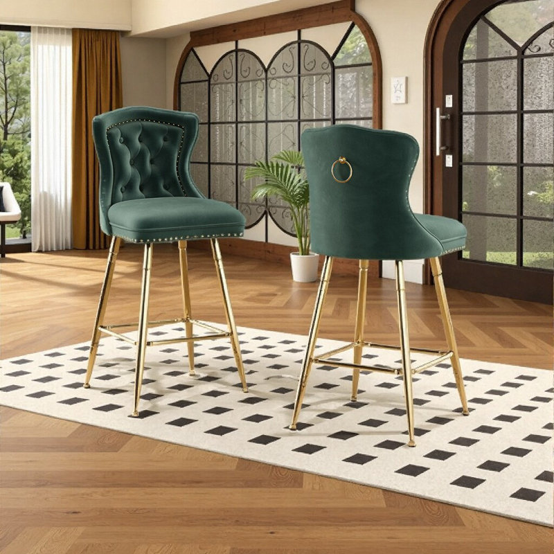 Ensemble de 2 tabourets de bar modernes en velours vert - conception à oreilles avec pieds en métal doré et hauteur réglable