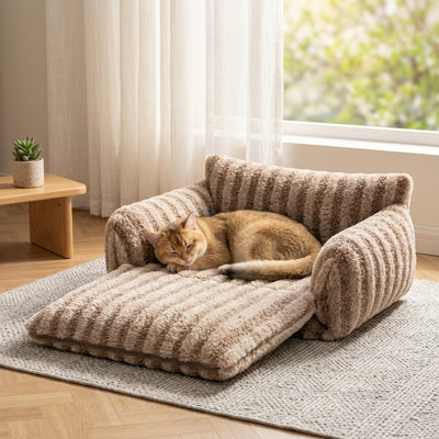 Fluffy Plush Multifunctional Double-Layer Soft Warming Orthopedic Cat Bed for Small Cats & Dogs, Khaki, 21x15x8in, for Kittens or Pets Under 13lbs