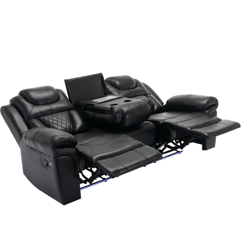 Home Theater Seating Manual Recliner Chair With Center Console And LED Light Strip For Living Room, Black