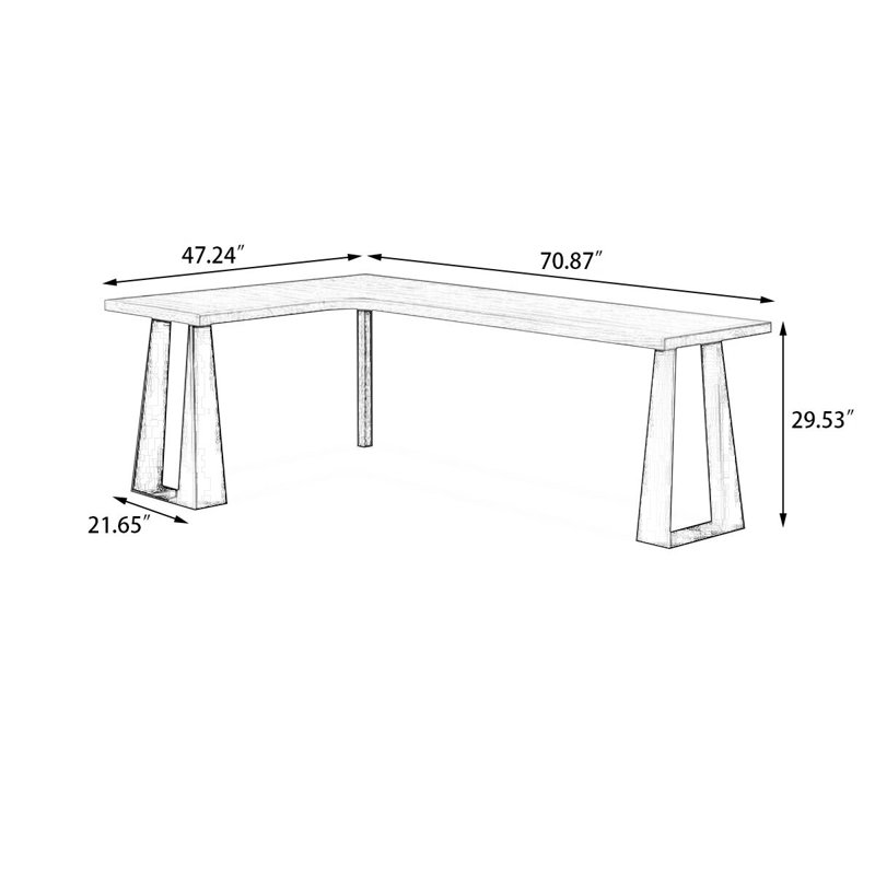 Brown L-Shaped Solid Wood + Iron desk, Left Hand Facing, 29.53" H x 70.87" W x 47.24" D